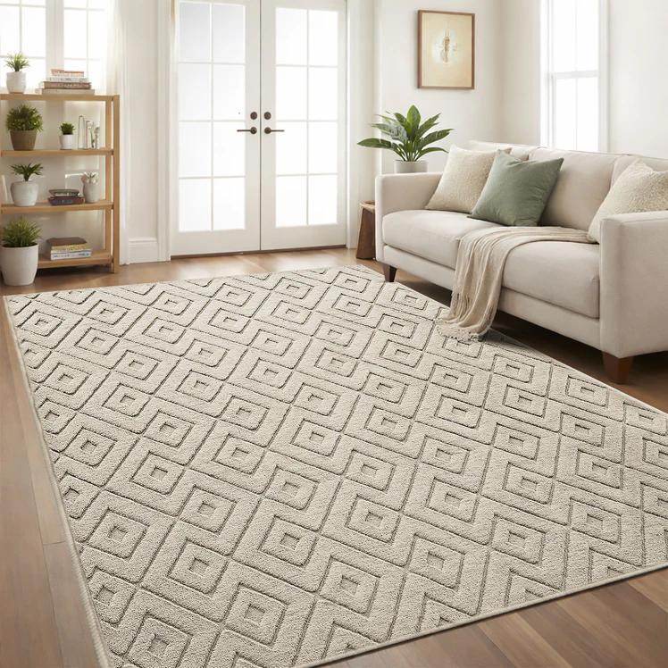 Light patterned rug in a bright living room with a cream sofa